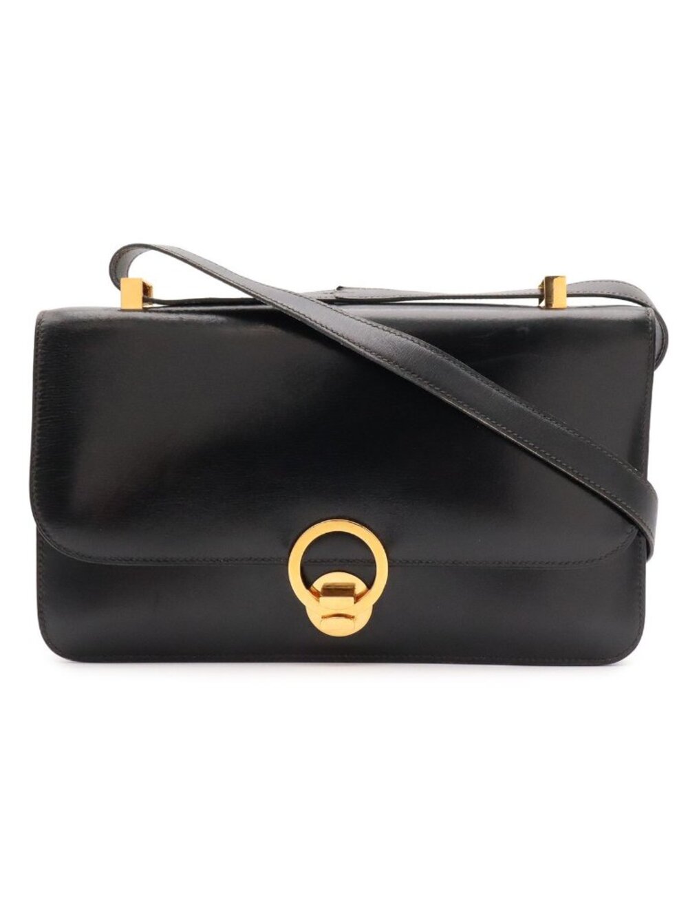 Hermes Ring Shoulder Bag Box Calf Leather Black Gold